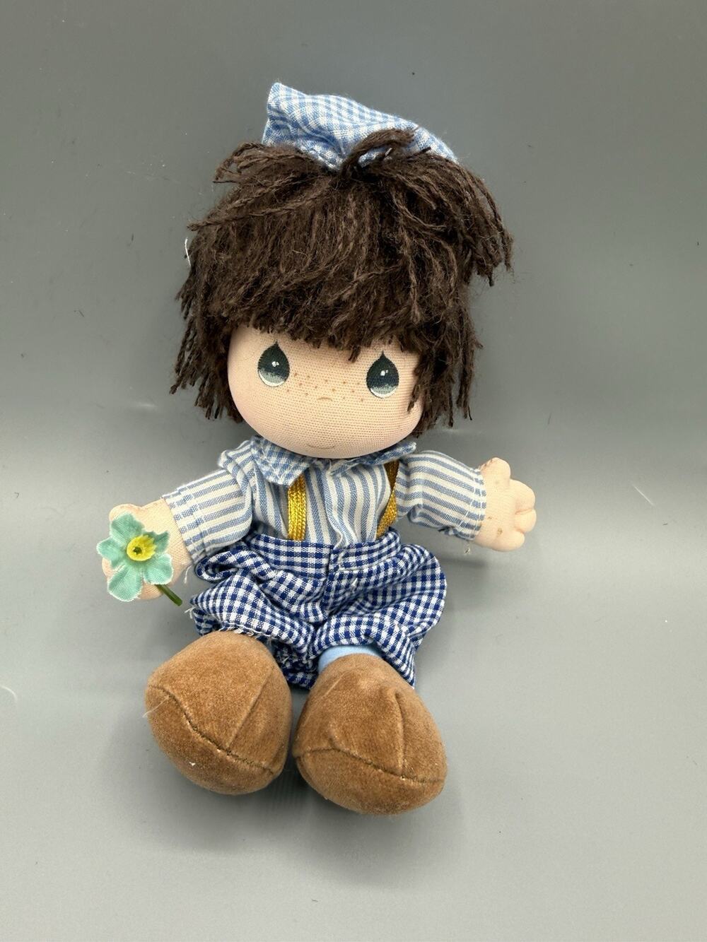 Precious Moments Rag Doll Boy Blue Gingham Outfit Yarn Hair Flower Plush 6.5 In
